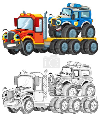 Photo for Happy cartoon tow truck driver with other vehicle car isolated on white background children illustration - Royalty Free Image