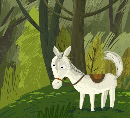 Photo for Cartoon scene with horse in the forest on the meadow illustration for children - Royalty Free Image
