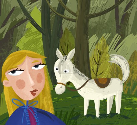 Téléchargez les photos : Scène de dessin animé avec cheval dans la forêt sur la prairie avec illustration princesse pour enfants - en image libre de droit