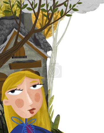 Foto de Escena de dibujos animados con hermosa princesa niña cerca de la vieja casa en el bosque ilustración para niños - Imagen libre de derechos