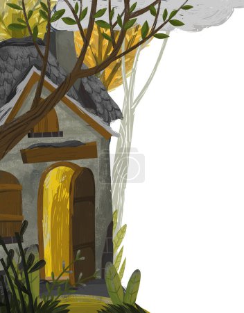 Téléchargez les photos : Scène de dessin animé avec maison dans la forêt illustration pour enfants - en image libre de droit