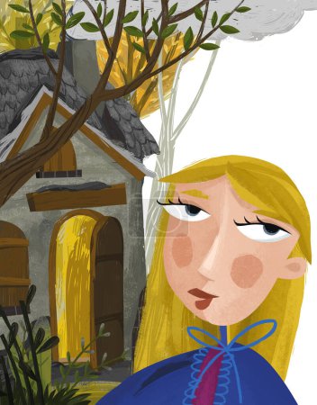 Téléchargez les photos : Scène de dessin animé avec belle fille princesse près de la vieille maison dans la forêt illustration pour les enfants - en image libre de droit