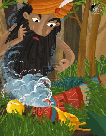 Foto de Escena de dibujos animados con jinn hombre sabio mayor en el bosque ilustración para niños - Imagen libre de derechos
