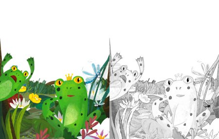 Téléchargez les photos : Heureux dessin animé scène avec grenouille et drôle insectes insectes volant illustration pour les enfants - en image libre de droit