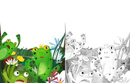 Téléchargez les photos : Heureux dessin animé scène avec grenouille et drôle insectes insectes volant illustration pour les enfants - en image libre de droit