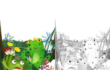 Photo for Happy cartoon scene with frog and funny bugs insects flying illustration for children - Royalty Free Image