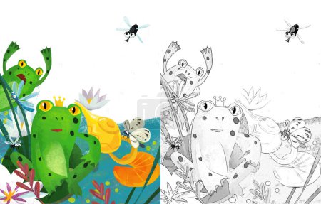 Téléchargez les photos : Scène de dessin animé avec grenouille et insectes drôles illustration volante pour les enfants - en image libre de droit