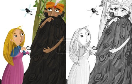 Foto de Escena de dibujos animados con sabio hombre mayor jinn pensamiento y niña princesa ilustración para niños - Imagen libre de derechos