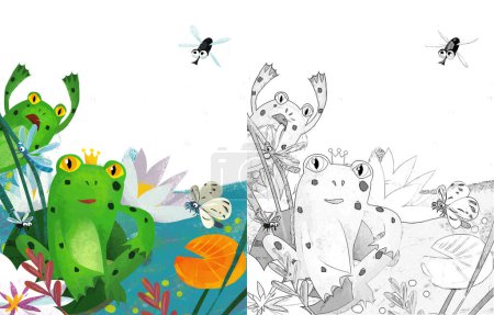 Téléchargez les photos : Scène de dessin animé avec grenouille et insectes drôles illustration volante pour les enfants - en image libre de droit
