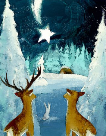 Photo for Cartoon illustration of the holy family josef mary and deers traditional scene illustration for the children - Royalty Free Image