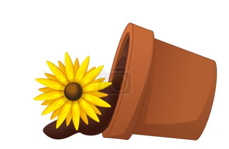 Photo for Cartoon scene with fallen overturned clay pot with flower isolated illustration for children - Royalty Free Image