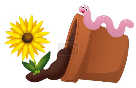 Foto de Escena de dibujos animados con caída volcada maceta de flores de arcilla con gusano ilustración aislada para niños - Imagen libre de derechos