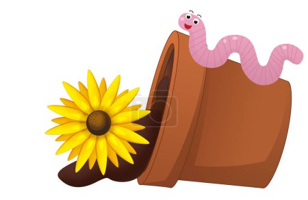Téléchargez les photos : Scène de dessin animé avec pot de fleurs en argile renversé avec ver illustration isolée pour enfants - en image libre de droit