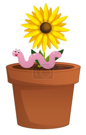 Téléchargez les photos : Scène de dessin animé avec pot traditionnel en argile pour fleurs avec ver illustration isolée pour enfants - en image libre de droit