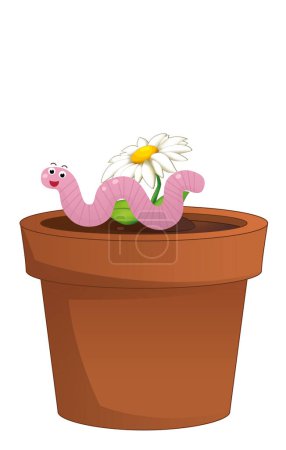 Foto de Escena de dibujos animados con arcilla olla tradicional para flores con gusano ilustración aislada para niños - Imagen libre de derechos