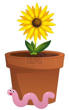 Photo for Cartoon scene with clay traditional pot for flowers with worm isolated illustration for children - Royalty Free Image