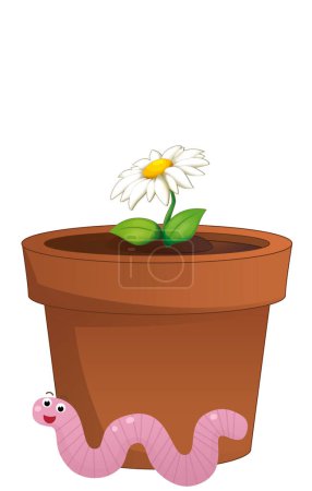Photo for Cartoon scene with clay traditional pot for flowers with worm isolated illustration for children - Royalty Free Image