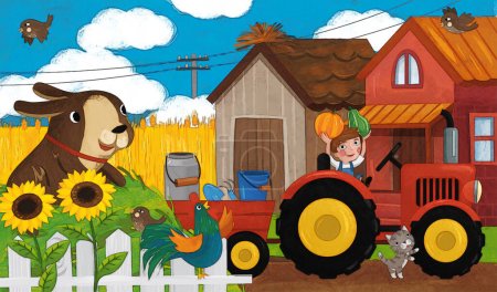 Foto de Escena rancho de dibujos animados con familia campesina feliz y perro ilustración para niños - Imagen libre de derechos