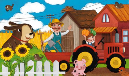 Foto de Escena rancho de dibujos animados con familia campesina feliz y perro ilustración para niños - Imagen libre de derechos