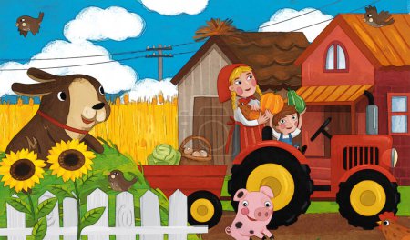 Photo for Cartoon ranch scene with happy farmer family and dog illustration for children - Royalty Free Image