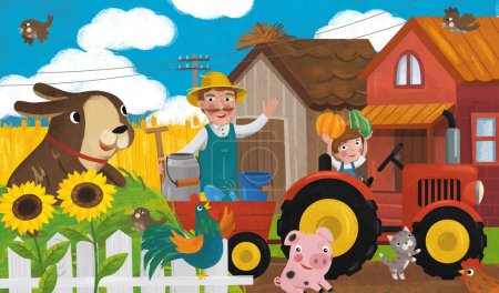 Téléchargez les photos : Dessin animé ranch scène avec heureux agriculteur famille et chien illustration pour enfants - en image libre de droit