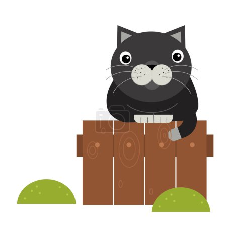 Téléchargez les photos : Scène de dessin animé avec chat assis dans une clôture de ferme illustration isolée pour enfants - en image libre de droit