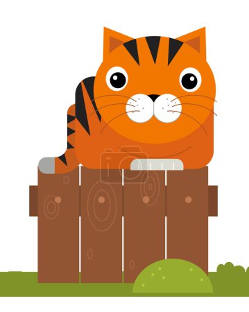 Foto de Escena de dibujos animados con gato sentado en una cerca de granja ilustración aislada para niños - Imagen libre de derechos