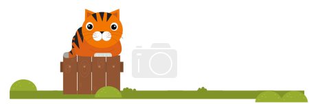 Téléchargez les photos : Scène de dessin animé avec chat assis dans une clôture de ferme illustration isolée pour enfants - en image libre de droit