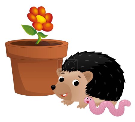 Photo for Cartoon scene with clay traditional pot for flowers hedgehog and worm isolated illustration for children - Royalty Free Image