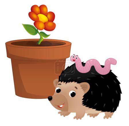 Téléchargez les photos : Scène de dessin animé avec pot traditionnel en argile pour les fleurs hérisson et ver illustration isolée pour les enfants - en image libre de droit