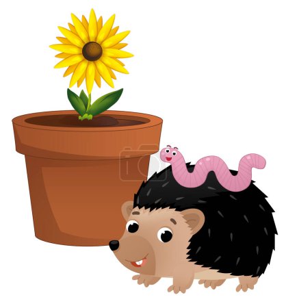 Foto de Escena de dibujos animados con arcilla olla tradicional para flores erizo y gusano ilustración aislada para niños - Imagen libre de derechos