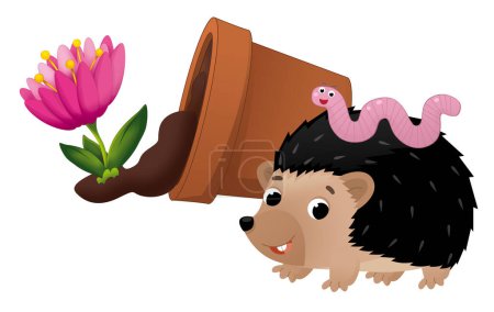 Photo for Cartoon scene with fallen overturned clay flower pot hedgehog and worm isolated illustration for children - Royalty Free Image