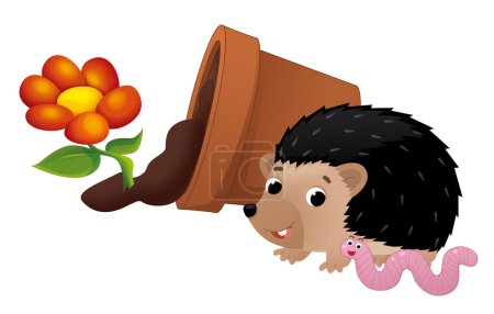 Foto de Escena de dibujos animados con arcilla volcada caída erizo maceta de flores y gusano ilustración aislada para niños - Imagen libre de derechos