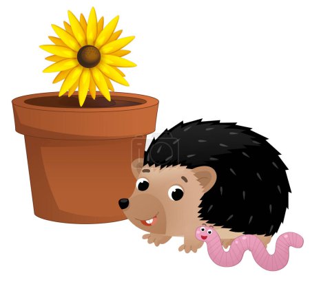 Téléchargez les photos : Scène de dessin animé avec pot traditionnel en argile pour les fleurs hérisson et ver illustration isolée pour les enfants - en image libre de droit