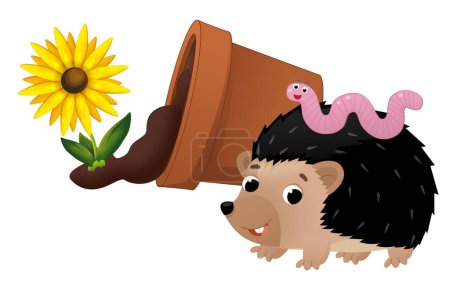 Téléchargez les photos : Scène de dessin animé avec tombé renversé pot de fleurs en argile hérisson et ver illustration isolée pour les enfants - en image libre de droit