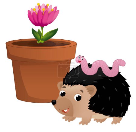 Foto de Escena de dibujos animados con arcilla olla tradicional para flores erizo y gusano ilustración aislada para niños - Imagen libre de derechos