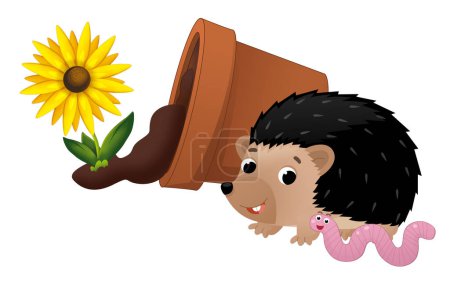 Téléchargez les photos : Scène de dessin animé avec tombé renversé pot de fleurs en argile hérisson et ver illustration isolée pour les enfants - en image libre de droit