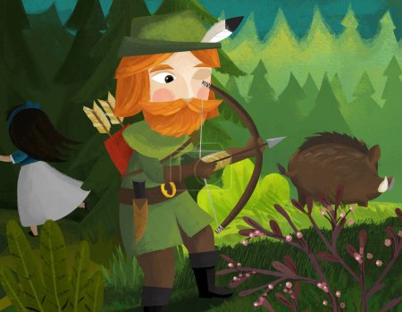 Téléchargez les photos : Scène de dessin animé avec chasseur et princesse dans la forêt illustration pour enfants - en image libre de droit