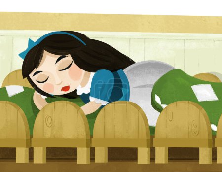 Téléchargez les photos : Dessin animé princesse dormir sur les petits lits dans la chambre illustration pour les enfants - en image libre de droit