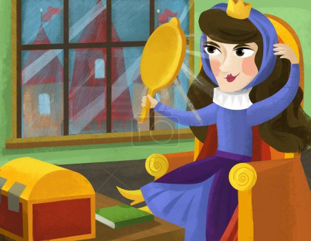 Téléchargez les photos : Scène de dessin animé avec la reine ou la princesse dans le château en regardant dans l'illustration miroir pour les enfants - en image libre de droit