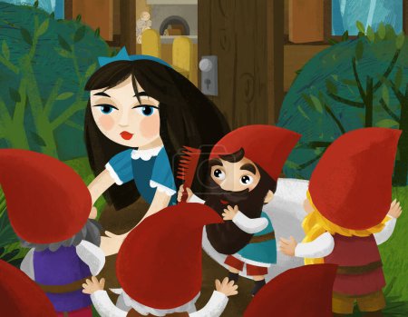 Téléchargez les photos : Scène de dessin animé avec princesse près de la ferme en bois et illustration nains pour enfants - en image libre de droit