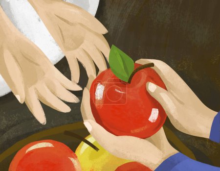 Foto de Escena de dibujos animados con manos de princesa tomando manzana de otras manos ilustración para niños - Imagen libre de derechos
