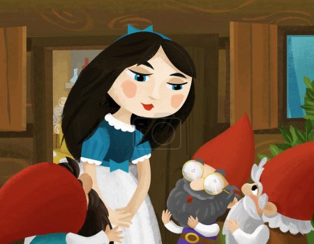 Foto de Escena de dibujos animados con princesa cerca de casa de campo de madera y enanos ilustración para niños - Imagen libre de derechos