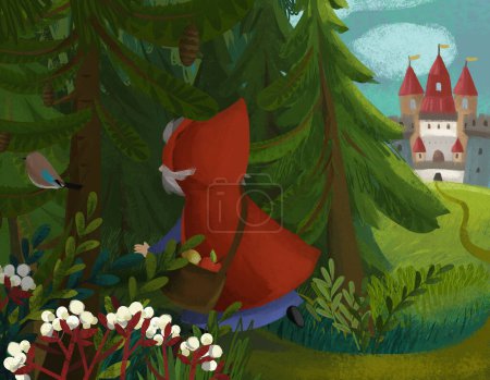 Téléchargez les photos : Scène de dessin animé avec heureuse vieille sorcière sorcière dans la forêt près du chemin de l'illustration du château pour enfants - en image libre de droit