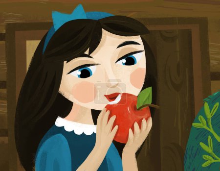 Téléchargez les photos : Scène de dessin animé avec la princesse dans la maison de ferme manger illustration pomme pour les enfants - en image libre de droit