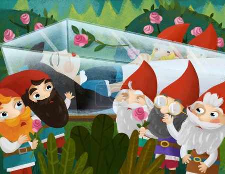 Téléchargez les photos : Scène de dessin animé avec fille princesse et nains illustration pour enfants - en image libre de droit