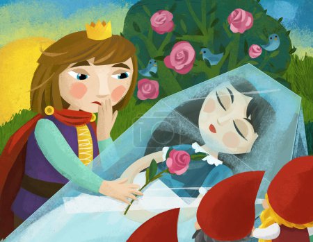 Foto de Escena de dibujos animados con niña princesa príncipe y enanos ilustración para niños - Imagen libre de derechos