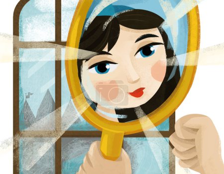 Téléchargez les photos : Scène de dessin animé avec le visage de la belle princesse dans le miroir illustration pour enfants - en image libre de droit
