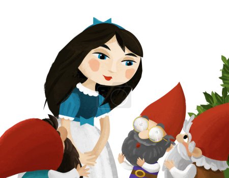 Téléchargez les photos : Scène de dessin animé avec fille princesse et nains illustration pour enfants - en image libre de droit