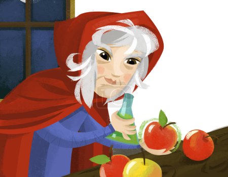 Téléchargez les photos : Scène de dessin animé avec vieille sorcière avec illustration de pomme magique pour enfants - en image libre de droit